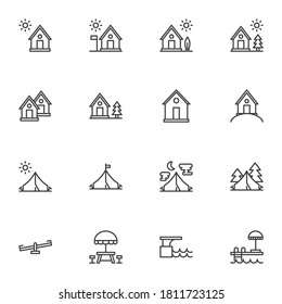 Recreation and vacation line icons set, outline vector symbol collection, linear style pictogram pack. Signs, logo illustration. Set includes icons as country house, summer cottage, camp tent, pool