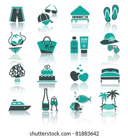 Recreation, Vacation & Travel. icons set. Tourism, Sport with reflection.