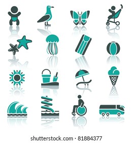 Recreation, Vacation & Travel. icons set. Tourism, Sport with reflection.