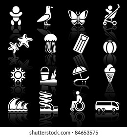 Recreation, Vacation & Travel, icons set. Tourism, Sport with reflection.