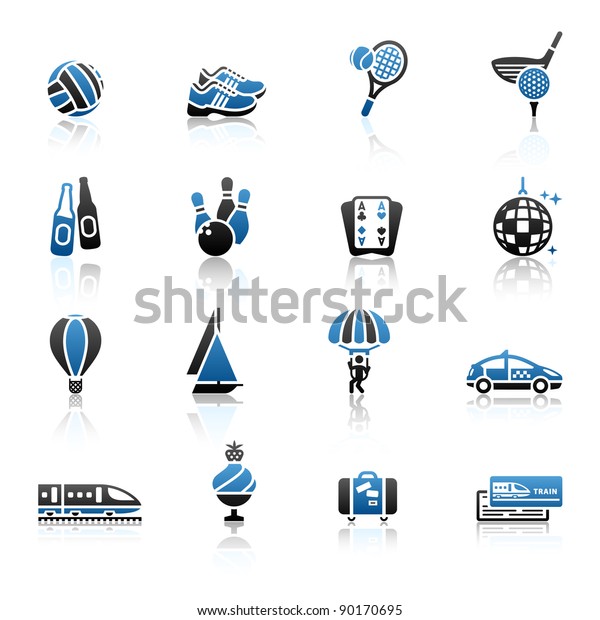 Recreation, Vacation & Travel, icons set.\
Sport, Tourism with\
reflection