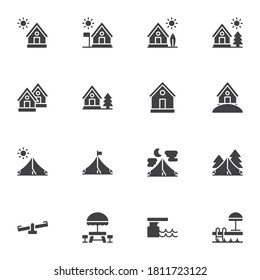 Freizeit und Urlaub Vektorsymbole Set, moderne solide Symbolsammlung, gefülltes Piktogramm-Paket. Zeichen, Logo-Illustration. Set enthält Symbole wie Landhaus, Sommerhaus, Zeltlager, Pool