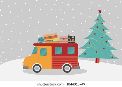 Recreation van and Christmas tree with snow fall. Merry Christmas and Happy new year 2021 