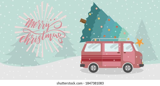 Recreation van and Christmas tree with snow fall. Merry Christmas and Happy new year 2021.