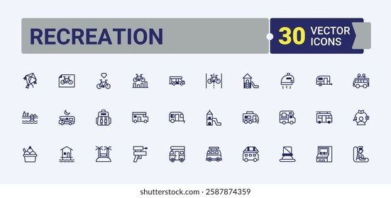 Recreation vector icon set. Includes icons for sports, fish, party, ball, beach, swimming, ship, guitar. Icon design. Solid line editable stroke. Vector line and solid icons.