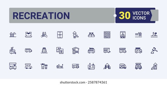 Recreation vector icon set. Includes icons for sports, fish, party, ball, beach, swimming, ship, guitar. Icon design. Solid line editable stroke. Vector line and solid icons.