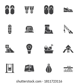 Juego de iconos vectoriales de recreación, colección de símbolos sólidos modernos, paquete de pictogramas estilo relleno. Señales, ilustración del logotipo. El juego incluye íconos como aletas para nadar, sandalias de verano, bota de senderismo, carpa para acampar