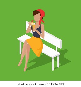 Recreation woman on bench with juice. Beautiful attractive young girl sitting on a bench and rest drinking juice through a straw. Relax female sitting with cocktail isolated. Vector illustration