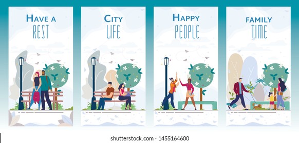 Recreation Zone, City Park Flat Vector Vertical Banners, Posters Set. Couple Dating, Hugging in Park, Student Chatting with Cellphone, Resting on Bench, Citizens Walking with Kid and Pet Illustration