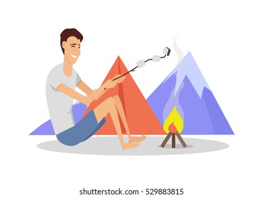 Recreational activity. Camping tent near fire and mountains on background with barbeque stick. For web banner, marketing and promotional material, presentation templates. Man cooking on fire. Vector