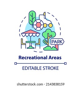 Recreational areas concept icon. Type of land-use abstract idea thin line illustration. Places for recreational purposes. Isolated outline drawing. Editable stroke. Arial, Myriad Pro-Bold fonts used