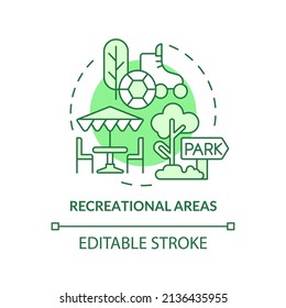 Recreational areas green concept icon. Type of land-use abstract idea thin line illustration. Recreational purposes. Isolated outline drawing. Editable stroke. Arial, Myriad Pro-Bold fonts used