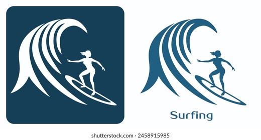 Recreational or Competitive Surfing Emblem. Surfer girl riding a big  wave with board. One of the summer sports games logo set. Vector illustration.