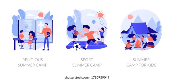 Recreational and educational activities for children metaphors. Religious camp, sport classes, summer camping. Hiking adventure for kids. Vector isolated concept metaphor illustrations.