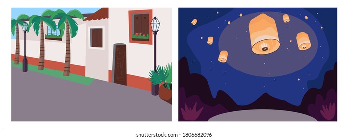 Recreational event flat color vector illustration set. Mexican street. American sidewalk. Light lanterns. Night and day 2D cartoon landscape with cityscape and nightscape on background collection