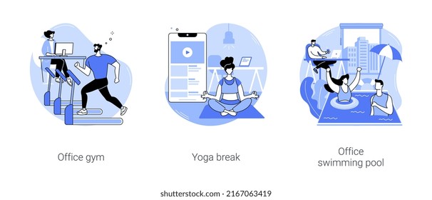 Recreational facilities in modern office isolated cartoon vector illustrations set. Office gym, yoga break in modern workplace, swimming pool, active lifestyle and colleagues fun vector cartoon.