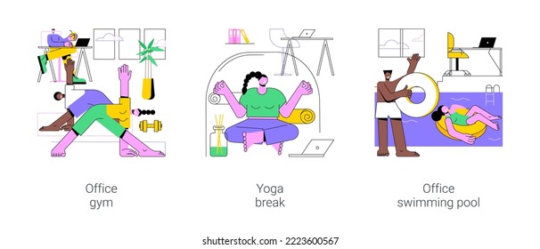 Recreational facilities in modern office isolated cartoon vector illustrations set. Office gym, yoga break in modern workplace, swimming pool, active lifestyle and colleagues fun vector cartoon.