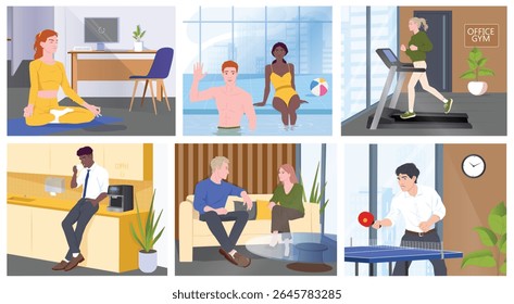 Instalações recreativas no escritório. Funcionários felizes relaxam durante os intervalos, comunicam-se com colegas, tomam café e praticam exercícios esportivos. Coleção de ilustrações de vetor plana isolada no plano de fundo
