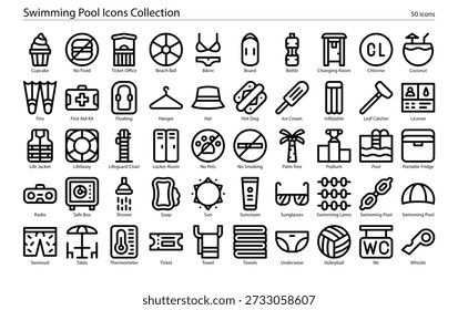Recreational facility icons featuring pool symbols, swimming tools, aquatic facilities, and water recreation symbols.