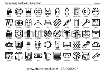 Recreational facility icons featuring pool symbols, swimming tools, aquatic facilities, and water recreation symbols.