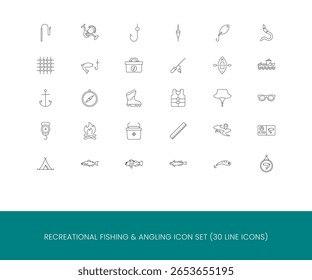 Recreational Fishing and Angling Line Icon Set  30 Outdoor Icons