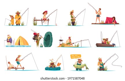 Recreational fishing cartoon set with winter ice angling family in boat catching and releasing fish vector illustration