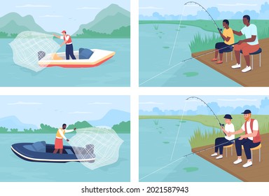 Recreational fishing flat color vector illustrations set. Family-friendly pastime. Trawling. Father with son on pier. Anglers 2D cartoon characters collection with pond, river on background