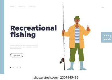 Recreational fishing landing page design template with happy fisherman character gesturing thumbsup