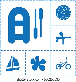 Recreational icon. set of 6 recreational filled icons such as bicycle, volleyball, paintball, inflatable boat