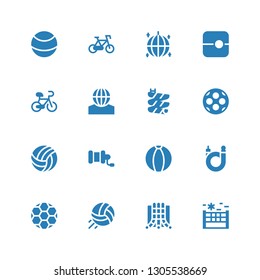 recreational icon set. Collection of 16 filled recreational icons included Volleyball, Slide, Ball, Bicycle, Fishing reel