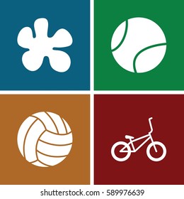 recreational icons set. Set of 4 recreational filled icons such as bicycle, volleyball, tennis ball