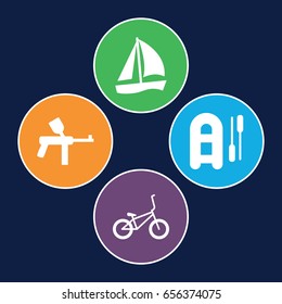 Recreational icons set. set of 4 recreational filled icons such as bicycle, paintball, inflatable boat