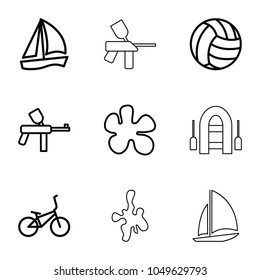 Recreational icons. set of 9 editable outline recreational icons such as paintball, sailboat, bicycle, volleyball