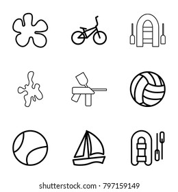 Recreational icons. set of 9 editable outline recreational icons such as paintball, inflatable boat, sailboat, bicycle, volleyball