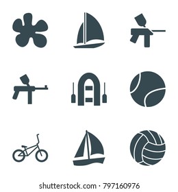 Recreational icons. set of 9 editable filled recreational icons such as paintball, sailboat, bicycle, volleyball, tennis ball