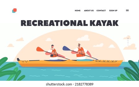 Plantilla de la página de aterrizaje de Kayak. Kayak o Rafting Travel. Hombre y mujer en vida siembra en Kayaks en la corriente de río Wild. Vacaciones, Turistas Extremos Actividad. Ilustración del vector de dibujos animados