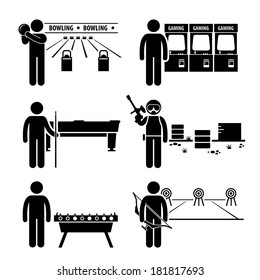 Recreational Leisure Games - Bowling, Arcade Center, Pool, Paintball, Soccer Table, Archery - Stick Figure Pictogram Icon Clipart