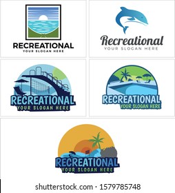 
Recreational logo with water moon dolphin ladder nets beach chairs pool umbrella blue illustration vector suitable for games outdoor business animal vacation sea