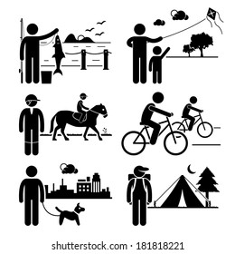 Recreational Outdoor Leisure Activities - Fishing, Kite, Horse Riding, Cycling, Dog Walking, Camping - Stick Figure Pictogram Icon Clipart svg