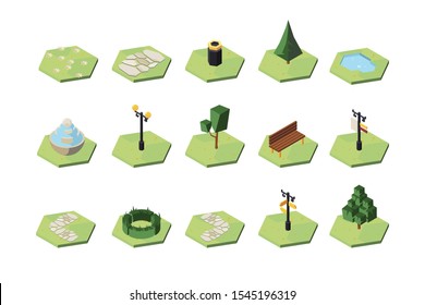 Design-Elemente für Freizeitparks isometrische 3D-Vektorgrafiken Set. Urbane Dekoration einzeln. Fußweg, Lampenposten, Bank und Wegweiser-Clipkunst. Kollektion zur Dekoration von Bäumen, Busch und Springbrunnen