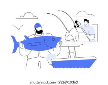 Recreational saltwater fishing abstract concept vector illustration. Group of men fishing at sea, commercial water transportation, sea transport industry, recreation and hobby abstract metaphor.