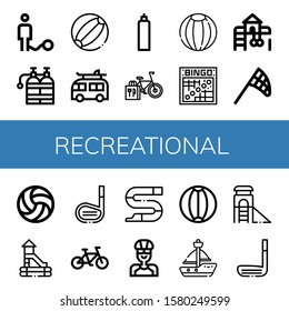recreational simple icons set. Contains such icons as Ball, Oxygen tank, Beach ball, Camper, Bicycle, Bingo, Playground, Butterfly net, Volleyball, can be used for web, mobile and logo