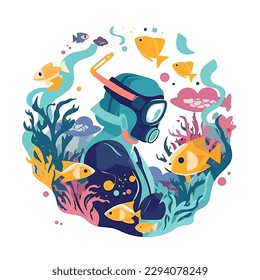 Recreational snorkeling and diving. Rental and equipment for divers. Diving and swimming school. Cartoon vector illustration. label, sticker, t-shirt printing