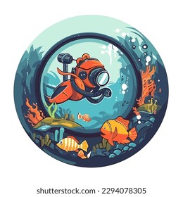 Recreational snorkeling and diving. Rental and equipment for divers. Diving and swimming school. Cartoon vector illustration. label, sticker, t-shirt printing