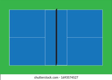 Recreational sport of pickleball court in USA looking at an empty blue vector court and green grass background.