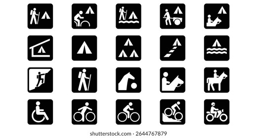 Recreational Symbols Icon Set – Vector Icons for Hiking, Camping, Accessibility, Cycling, Horse Riding, Swimming, Boating, Climbing, and Leisure Activities for Maps, Parks, and Outdoor Guides