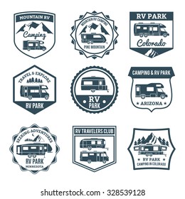 Recreational vehicle for camping and travel emblems set isolated vector illustration
