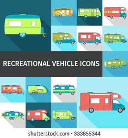 Recreational vehicle flat long shadow icons set isolated vector illustration