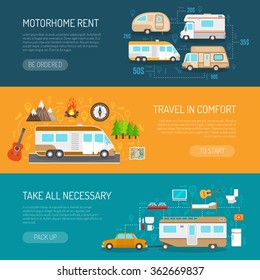 Recreational vehicle horizontal banners set with motorhome rent and travel in comfort symbols flat isolated vector illustration 