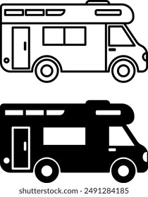 Icons für Freizeitfahrzeuge. Schwarz-Weiß Vektorgrafik Caravan Icons. Wohnmobil, Fahrzeug, Transporter. Camping- und Tourismuskonzept